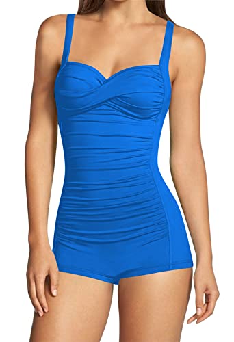 Viottiset Damen Einteiliger Badeanzug Hohe Taille Bauchkontrolle Boyleg Geraffte Riemen Monokini Twist Front Azur XL von Viottiset