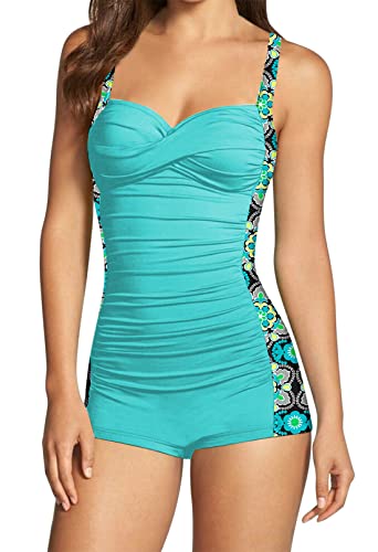 Viottiset Damen Einteiliger Badeanzug Hohe Taille Bauchkontrolle Boyleg Geraffte Riemen Monokini Twist Front Hellgrün L von Viottiset