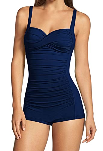 Viottiset Damen Einteiliger Badeanzug Hohe Taille Bauchkontrolle Boyleg Geraffte Riemen Monokini Twist Front Marineblau M von Viottiset