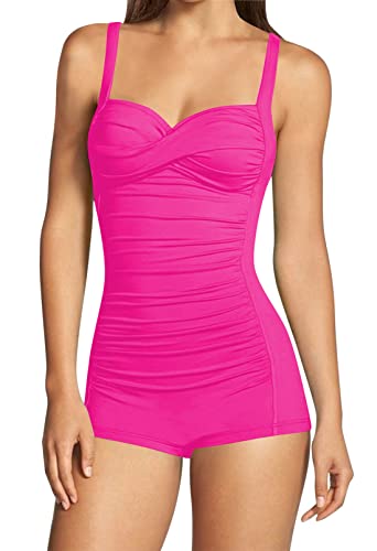 Viottiset Damen Einteiliger Badeanzug Hohe Taille Bauchkontrolle Boyleg Geraffte Riemen Monokini Twist Front Rosenrot L von Viottiset