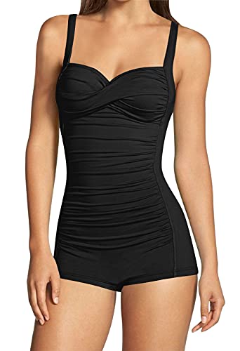 Viottiset Damen Einteiliger Badeanzug Hohe Taille Bauchkontrolle Boyleg Geraffte Träger Monokini Twist Front Schwarz L von Viottiset