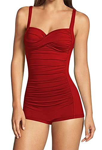 Viottiset Damen Einteiliger Badeanzug Hohe Taille Träger Monokini Bauchkontrolle Boyleg Geraffte Twist Front Rot S von Viottiset