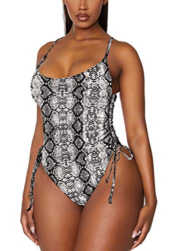 Viottiset Damen Einteiliger Badeanzug Kordelzug Bauchkontrolle Hohe Taille Monokini Plissee Strandkleidung Hellgrau M von Viottiset