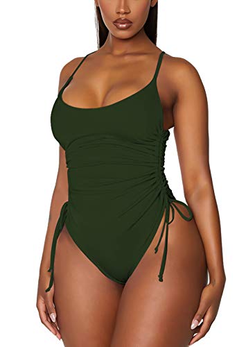 Viottiset Damen Einteiliger Monokini Kordelzug Badeanzug Hohe Taille Bauchkontrolle Plissee Strandkleidung Armee Grün XL von Viottiset