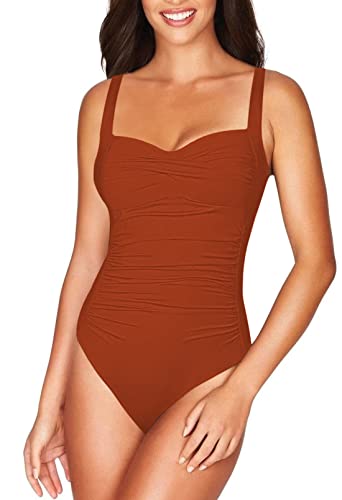 Viottiset Damen Einteiliger Träger Badeanzug Bauchkontrolle Monokini Quadratischer Kragen Geraffte Bademode Gebranntes Orange L von Viottiset