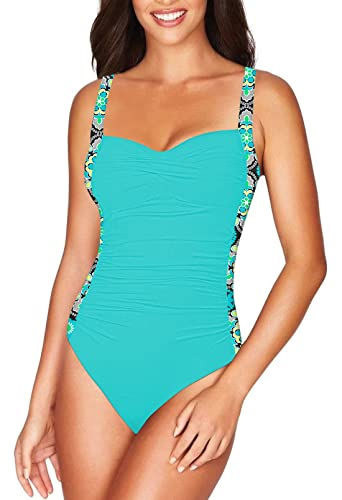 Viottiset Damen Einteiliger Träger Badeanzug Bauchkontrolle Monokini Quadratischer Kragen Geraffte Bademode Hellgrün S von Viottiset