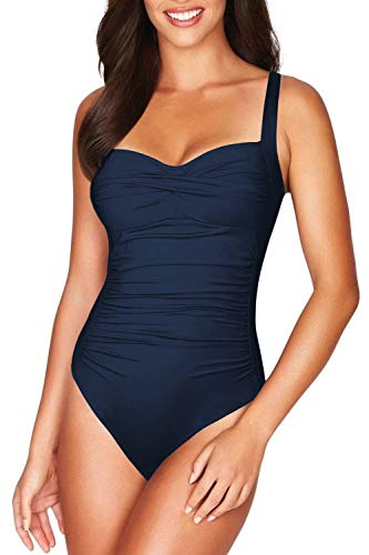 Viottiset Damen Einteiliger Träger Badeanzug Bauchkontrolle Monokini Quadratischer Kragen Geraffte Bademode Marineblau M von Viottiset