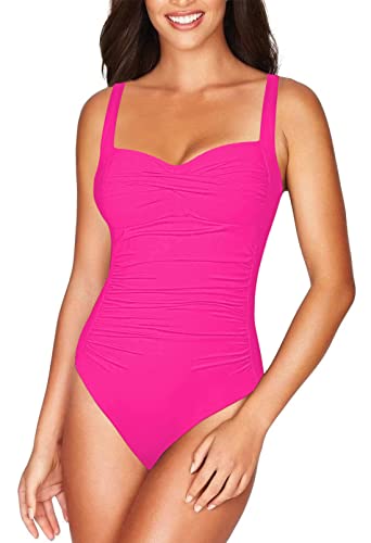 Viottiset Damen Einteiliger Träger Badeanzug Bauchkontrolle Monokini Quadratischer Kragen Geraffte Bademode Rosenrot M von Viottiset