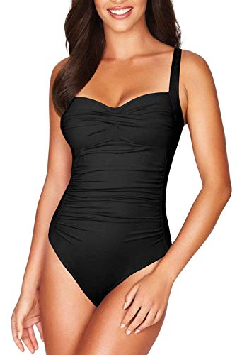 Viottiset Damen Einteiliger Träger Badeanzug Bauchkontrolle Monokini Quadratischer Kragen Geraffte Bademode Schwarz M von Viottiset