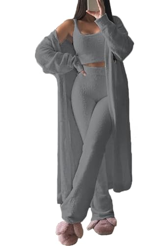 Viottiset Damen Fuzzy 3 Stück Sweatsuit Offene Front Strickjacke Crop Tank Tops Wide Legs Pants Lounge Sets Dunkelgrau XL von Viottiset