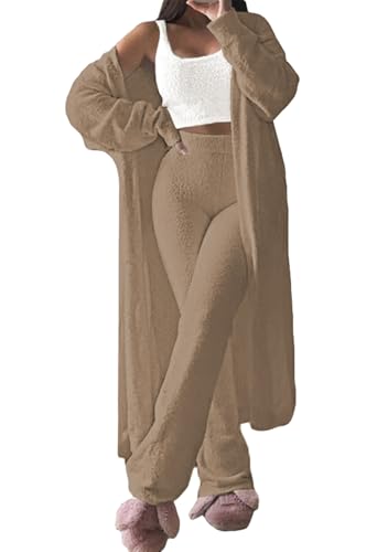 Viottiset Damen Fuzzy 3 Stück Sweatsuit Offene Front Strickjacke Crop Tank Tops Wide Legs Pants Lounge Sets Kaffee M von Viottiset