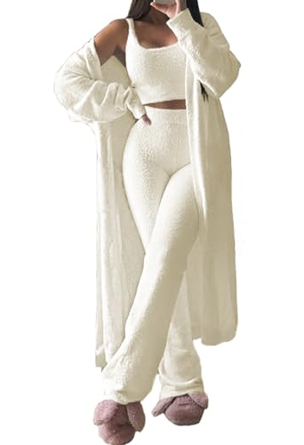 Viottiset Damen Fuzzy 3 Stück Sweatsuit Offene Front Strickjacke Crop Tank Tops Wide Legs Pants Lounge Sets Weiss XL von Viottiset