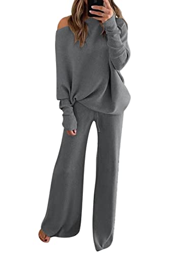 Viottiset Damen Gestrickte Eine Schulter Outfit Lässig Sweatsuits Pullover Sweater Weite Bein Hosen 2-Teilige Grau XL von Viottiset