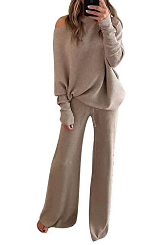 Viottiset Damen Gestrickte Eine Schulter Outfit Lässig Sweatsuits Pullover Weite Bein Hosen 2-Teilige Sets Aprikose XL von Viottiset