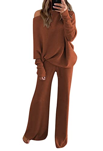 Viottiset Damen Gestrickte Eine Schulter Outfit Sweatsuits Pullover Sweater Weite Bein Hosen 2-Teilige Sets Braun XL von Viottiset