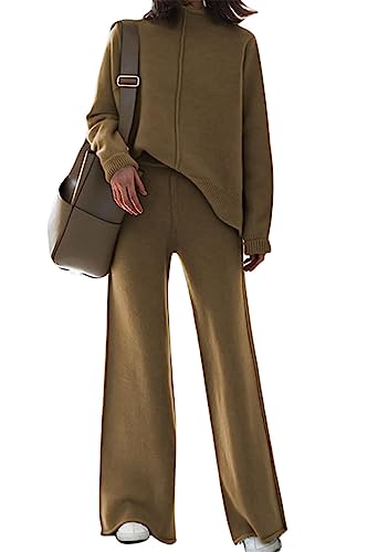 Viottiset Damen Gestrickte Outfits Stehkragen Pullover Weites Bein Hosen Zweiteilig Set Sweatsuit Loungewear Braun M von Viottiset