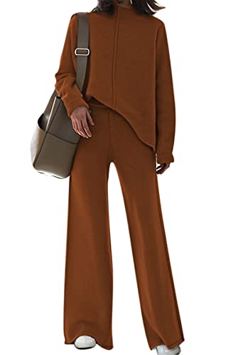 Viottiset Damen Gestrickte Outfits Stehkragen Pullover Weites Bein Hosen Zweiteilig Set Sweatsuit Loungewear Kaffee M von Viottiset