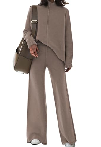 Viottiset Damen Gestrickte Outfits Stehkragen Pullover Weites Bein Hosen Zweiteilig Set Sweatsuit Loungewear Khaki M von Viottiset