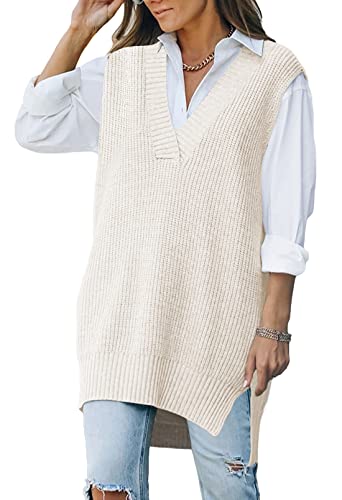 Viottiset Damen Gestrickter Übergroßer Pullover V-Ausschnitt Ärmelloser Weste Einfarbiges Stilvolles Tanktop Aprikose L von Viottiset