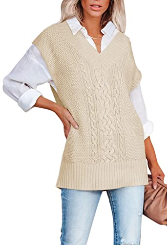 Viottiset Damen Gestrickter Übergroßer Pullover V-Ausschnitt Ärmelloser Weste Einfarbiges Stilvolles Tanktop Aprikose L von Viottiset