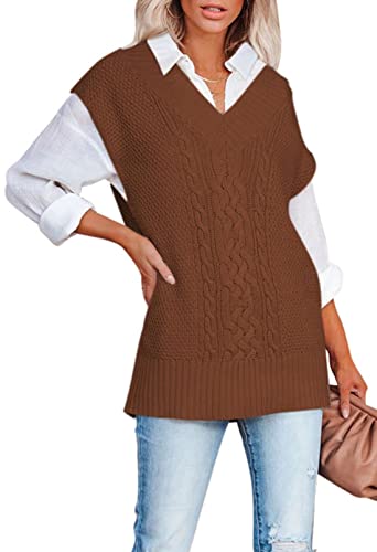 Viottiset Damen Gestrickter Übergroßer Pullover V-Ausschnitt Ärmelloser Weste Einfarbiges Stilvolles Tanktop Braun L von Viottiset