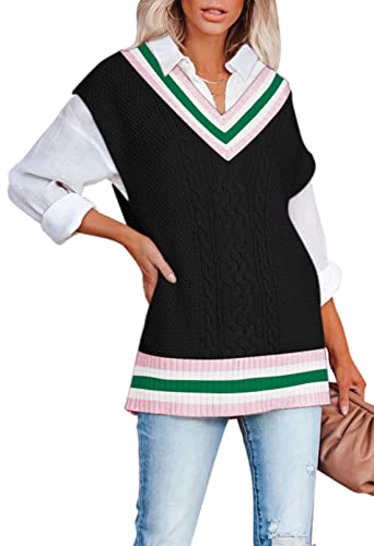 Viottiset Damen Gestrickter Übergroßer Pullover V-Ausschnitt Ärmelloser Weste Stilvolles Tanktop Schwarz Farbblock L von Viottiset