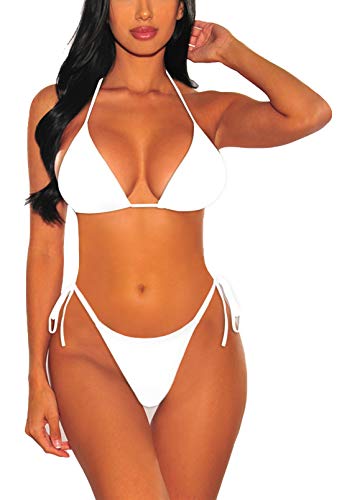 Viottiset Damen High Waist Bademode Neckholder Zweiteilige Biniki Set mit Hohe Taille Bandage Bikinihose 01 Weiß M von Viottiset