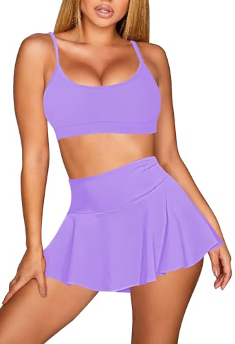 Viottiset Damen Hohe Taille Bikini Set Zwei Stück Badeanzug U-Ausschnitt Spaghetti Straps Swim Rock Strand Lavendel Lila XL von Viottiset