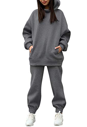 Viottiset Damen Hoodies Trainingsanzug Langarm Sweatshirts Hose 2-Teilige Outfits Lässiger Sweatsuit Kapuze Dunkelgrau M von Viottiset