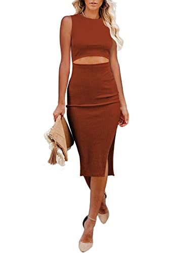 Viottiset Damen Kleid Waist Cut Out Einfarbig Ärmellos Kleider Geschlitzt Party Schlank Gestrickt Elegant Braun L von Viottiset