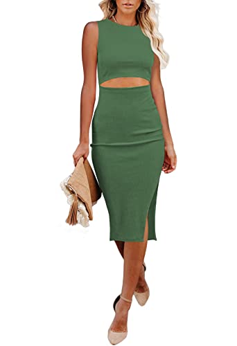 Viottiset Damen Kleid Waist Cut Out Einfarbig Ärmellos Kleider Geschlitzt Party Schlank Gestrickt Elegant Grasgrün L von Viottiset