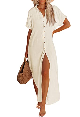 Viottiset Damen Kurzarm Button Down Side Schlitz Maxi Lange Badeanzug Cover Up Bluse Kleid Gürtel Sommer Aprikose L von Viottiset