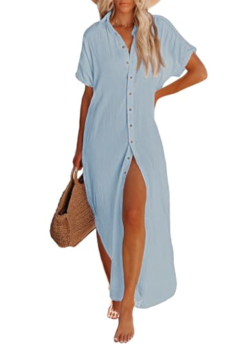 Viottiset Damen Kurzarm Button Down Side Schlitz Maxi Lange Badeanzug Cover Up Bluse Kleid Gürtel Sommer Himmelblau L von Viottiset