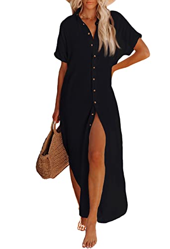 Viottiset Damen Kurzarm Button Side Schlitz Maxi Lange Badeanzug Cover Up Bluse Kleid Gürtel Kimonos Cardigans Schwarz XL von Viottiset