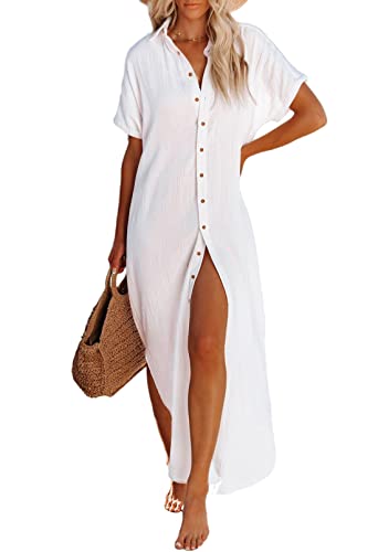 Viottiset Damen Kurzarm Button Side Schlitz Maxi Lange Badeanzug Cover Up Bluse Kleid Gürtel Kimonos Cardigans Weiß S von Viottiset