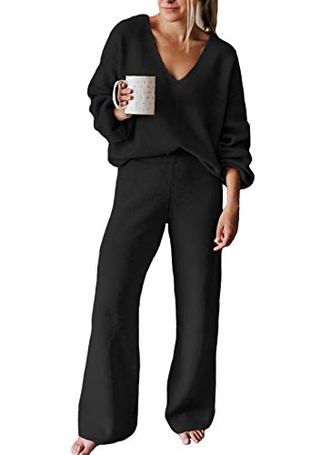 Viottiset Damen Lässiger Lockerer Pyjama Trainingsanzug Sweatshirts 2-Teilige Langarm Übergroßes Lounge-Set Schwarz L von Viottiset