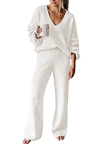 Viottiset Damen Lässiger Lockerer Pyjama Trainingsanzug Sweatshirts 2-Teilige Langarm Übergroßes Lounge-Set Weiß XL von Viottiset