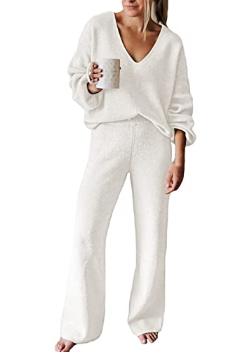 Viottiset Damen Lässiger Lockerer Pyjama Trainingsanzug Sweatshirts 2-Teilige Langarm Übergroßes Lounge-Set Weiß XL von Viottiset