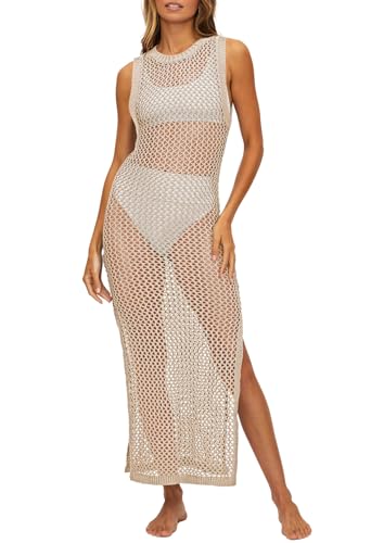 Viottiset Damen Lange Häkeln Badeanzug Cover Up Cut Out Ärmellose Strandkleid Seite Split Strick Bikini Kleid Aprikose L von Viottiset