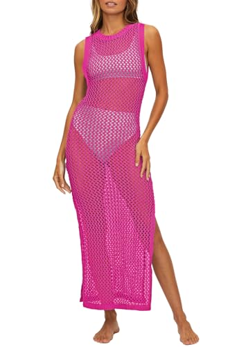 Viottiset Damen Lange Häkeln Badeanzug Cover Up Cut Out Ärmellose Strandkleid Seite Split Strick Bikini Kleid Rosenrot S von Viottiset