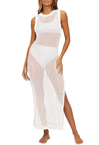 Viottiset Damen Lange Häkeln Badeanzug Cover Up Hollow Out Ärmellose Strandkleid Seite Split Strick Strand Kleid Weiß M von Viottiset