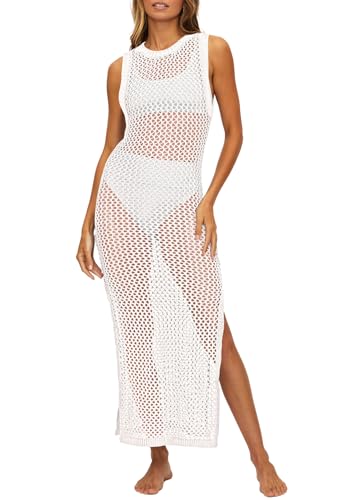 Viottiset Damen Lange Häkeln Badeanzug Cover Up Hollow Out Ärmellose Strandkleid Seite Split Strick Strand Kleid Weiß XL von Viottiset