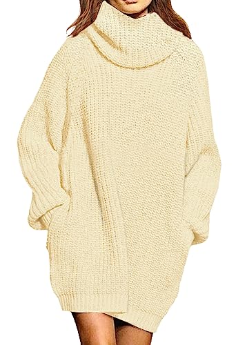 Viottiset Damen Lockeres Übergroßes Langes Pulloverkleid Rollkragen Gerippt Grobstrick Gestrickt Pullover Beige L von Viottiset