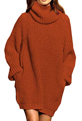 Viottiset Damen Lockeres Übergroßes Langes Pulloverkleid Rollkragen Gerippt Grobstrick Gestrickt Pullover Braun M von Viottiset