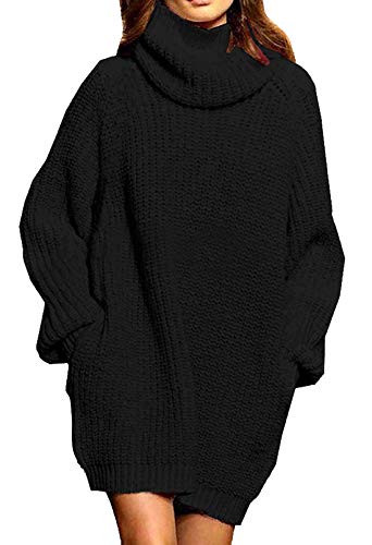 Viottiset Damen Übergroßes Langarm Mini Pulloverkleid Rollkragen Gerippt Grobstrick Gestrickt Pullover 01 Schwarz M von Viottiset