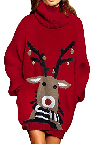 Viottiset Damen Lockeres Übergroßes Pulloverkleid Rollkragen Gerippt Grobstrick Gestrickt Weihnachten Rot-Rentier L von Viottiset