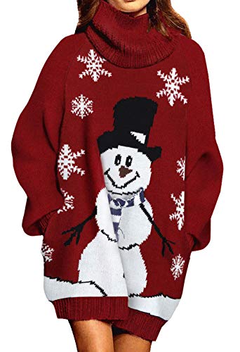 Viottiset Damen Lustig Weihnachtspullover mit Schneemann und Flocken Muster Oberteile Rot L von Viottiset