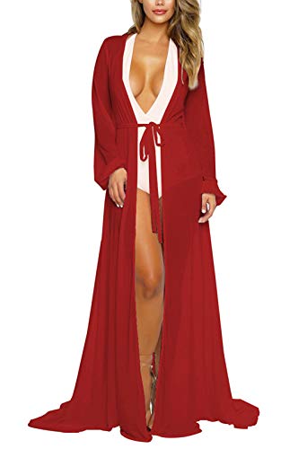 Viottiset Damen Maxi Strandkleid Bikini Cover Up Lange Ärmel Sommer Badeanzug Bademode Strickjacke Ferien Sarongs Rot L von Viottiset