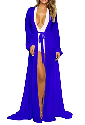 Viottiset Damen Maxi Strandkleid Bikini Cover Up Lange Ärmel Sommer Badeanzug Bademode Strickjacke Ferien Sarongs Saphirblau S von Viottiset