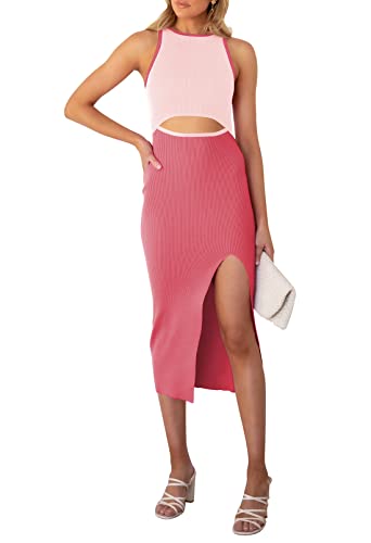 Viottiset Damen Knielang Kleid Cut Out Ärmellos Gestrickt Slim Sommer Gespalten Hüftrock Lässig Elegant Rosa S von Viottiset